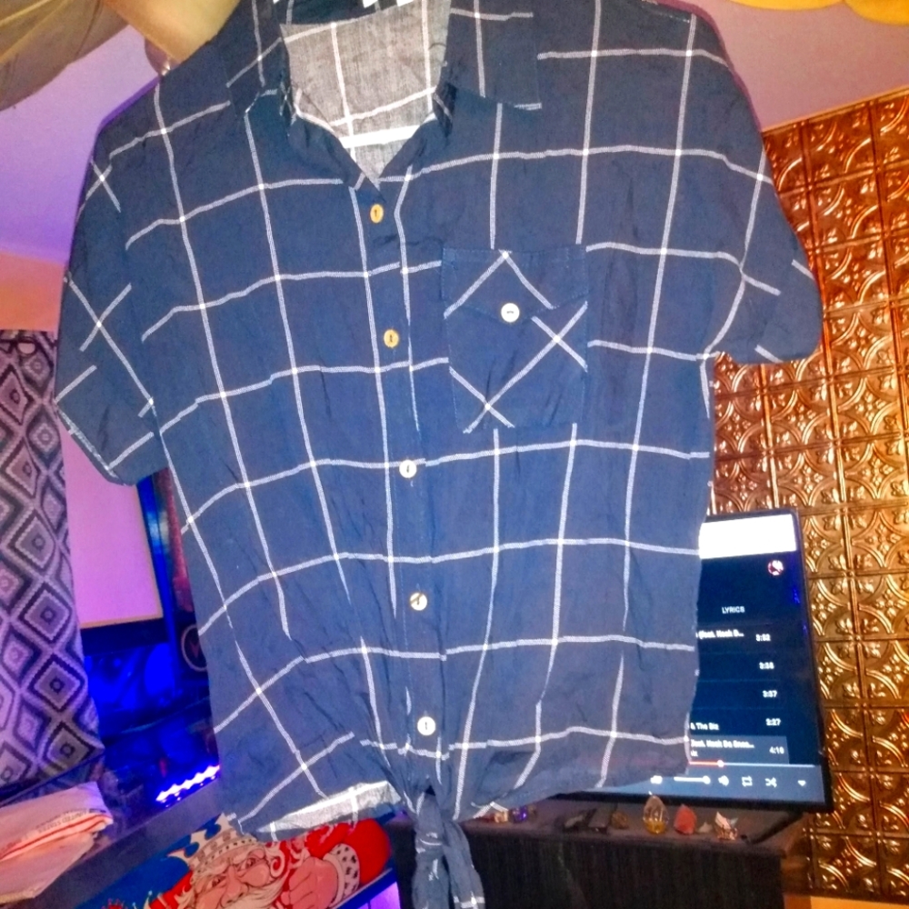 Love Notes Navy Short Sleeve Button Down Tie Hem Top